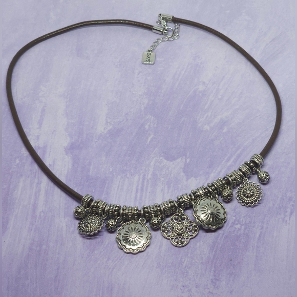 Chaps Silver Tone Charm Brown Cord Necklace - Picture 2 of 8